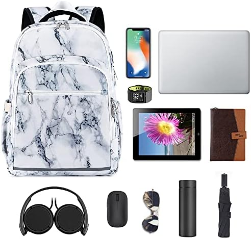 Bluboon Sırt Çantası Kadınlar için 15.6 İnç Laptop Bookbag Koleji Okul Çantası USB Portu ile (Mermer Beyaz)