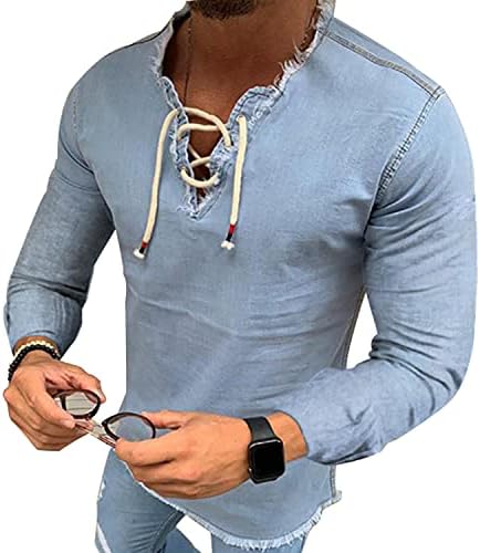 IWQBQ erkek moda v yaka gömlek Casual vücut geliştirme kazak Denim gömlek