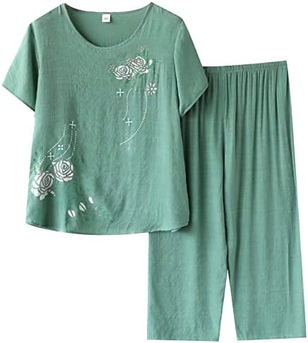 Yaz Setleri Kadınlar 2 Parça Kıyafetler Artı Boyutu Rahat Kısa Kollu T-Shirt ve Pantolon Setleri Yaşlı Kadınlar Gevşek Yoga