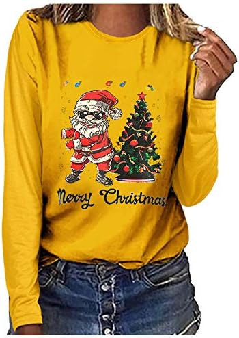 Bayan Uzun Kollu Mektup T-Shirt Çirkin Santa Baskı Kazak Tops Noel Ağacı grafikli tişört Rahat Kazak Noel