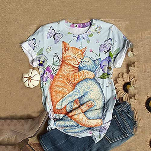 Kadın kısa kollu tişört Üstleri Moda Sevimli Kedi Baskı Tee Crewneck Rulo Kollu Casual Grafik Bluz