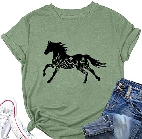 Kadınlar için at Tişörtü, uzun Kollu Çiçek At Baskı Ekip Boyun Kazak Rahat Gevşek Kazak Tops Çiftlik