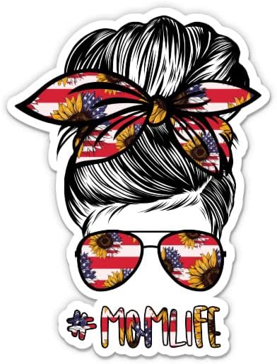 Momlife Amerikan Bayrağı Ayçiçeği Sticker-5 laptop etiketi - Su Geçirmez Vinil Araba, Telefon, Su Şişesi - Momlife Mom